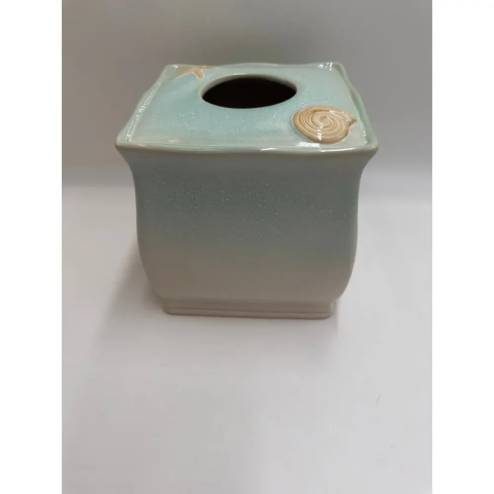 Coastal Ceramic Tissue Box Cover Seahorse Starfish Aqua Beach Bathroom Decor